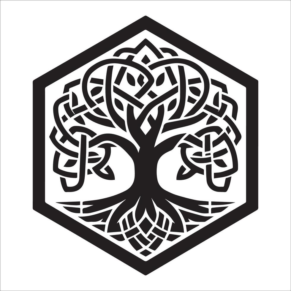 A hexagonal knot branches Celtic tree logo illustration vector