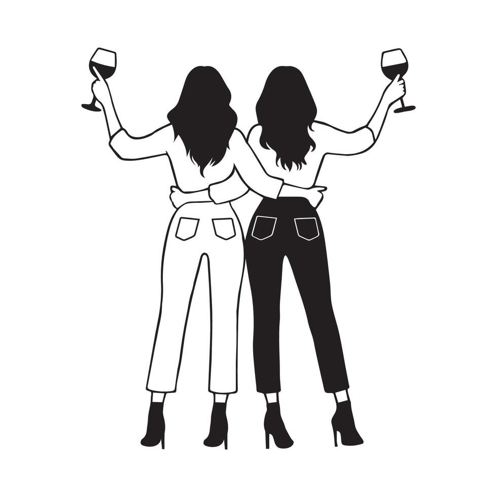 best friends with wine Illustration in black and white vector