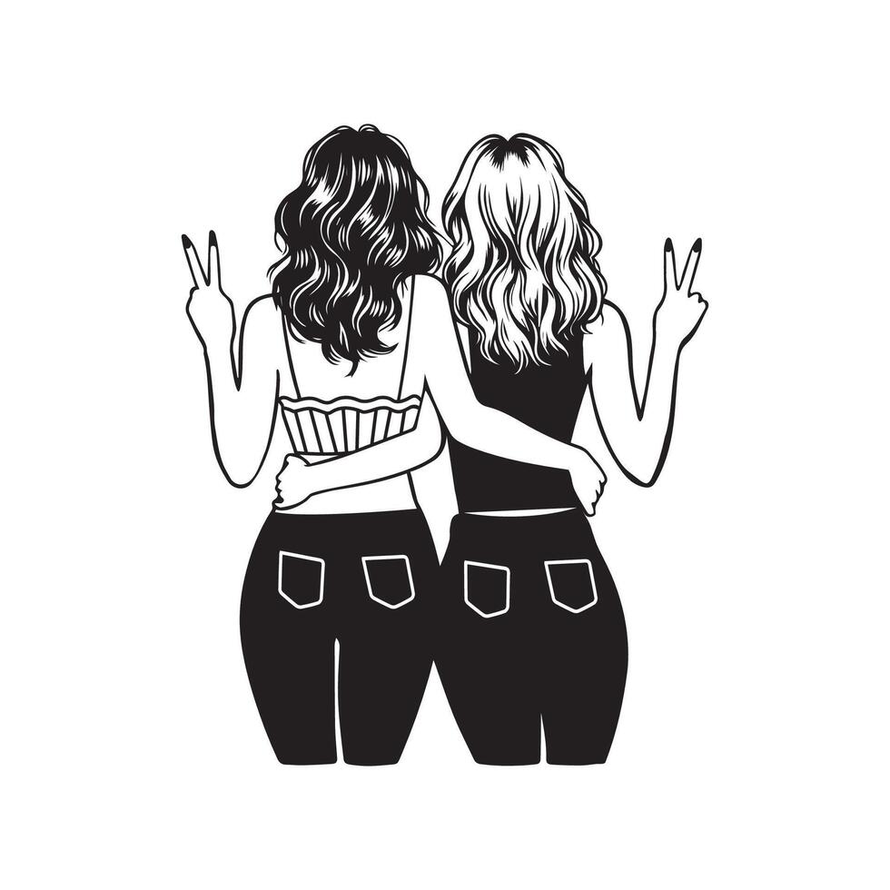 Two best friends Illustration in black and white vector