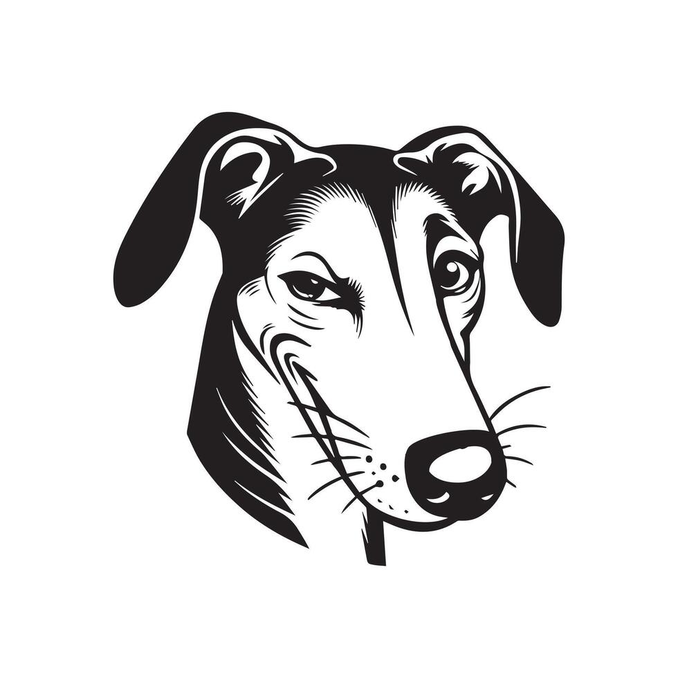 A Mischievous Ibizan Hound Dog Face Illustration in black and white vector
