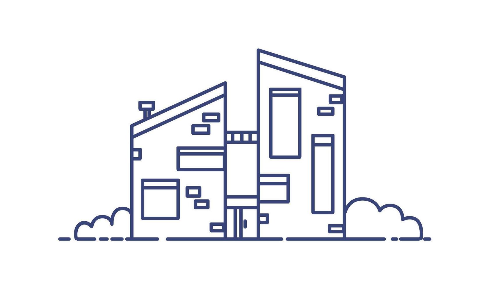 Brick house built using ecological materials. Modern city building drawn with blue contour lines on white background. Contemporary sustainable architecture. illustration in lineart style. vector