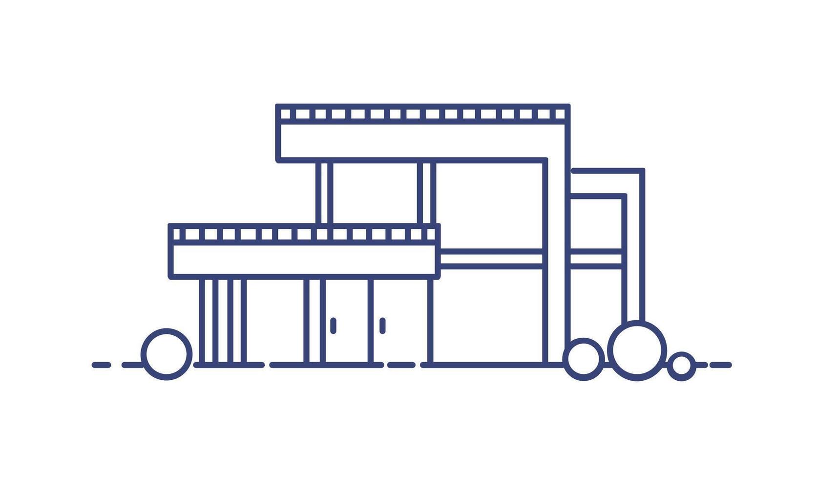 Residential house with large panoramic windows built in contemporary architectural style. Modern living city building drawn with blue contour lines on white background. Monochrome illustration. vector