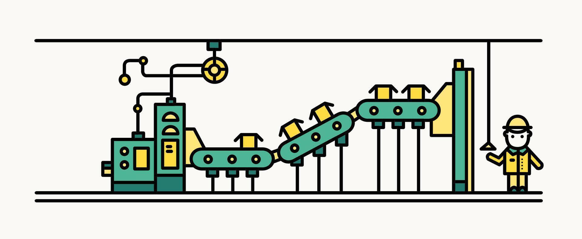 Factory belt conveyor conveying boxes, worker wearing hard hat and protective clothing controlling production process. Automated manufacturing and machinery. illustration in line art style. vector