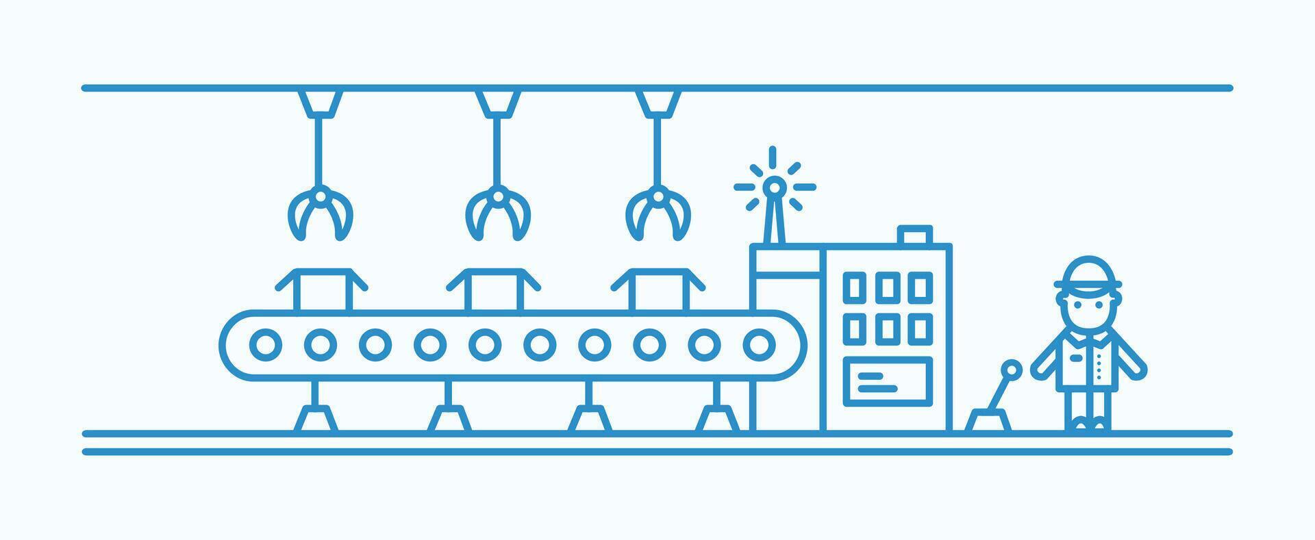 Industrial belt conveyor equipped with hanging manipulators conveying boxes, factory worker in hard hat controlling production process. Monochrome illustration drawn with blue contour lines. vector