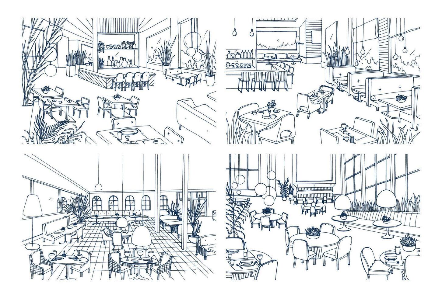 Collection of monochrome drawings of cafe interiors with modern furnishings. Bundle of hand drawn sketches of restaurants furnished in loft style. illustration in black and white colors. vector