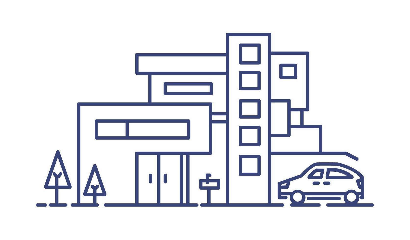 Living house built in contemporary architectural style and automobile parked beside it drawn with blue lines on white background. Residential property or real estate. Monochrome illustration. vector