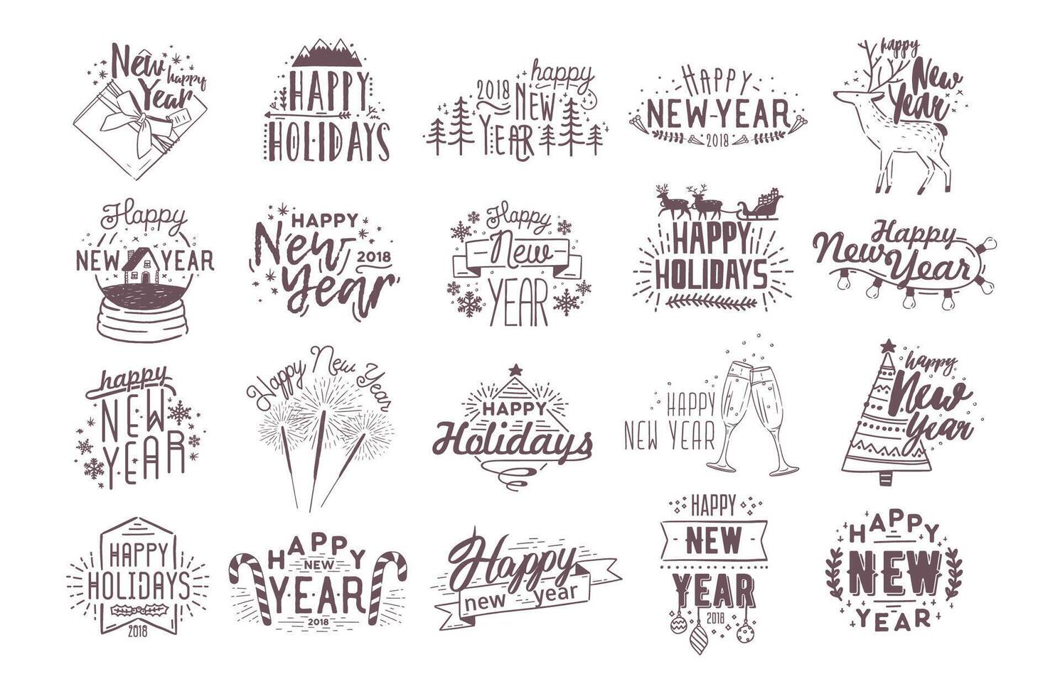 Set of holiday Happy New 2018 Year handwritten lettering decorated with hand drawn traditional festive attributes - fir tree, champagne, gift, light garland, baubles. Monochrome illustration. vector