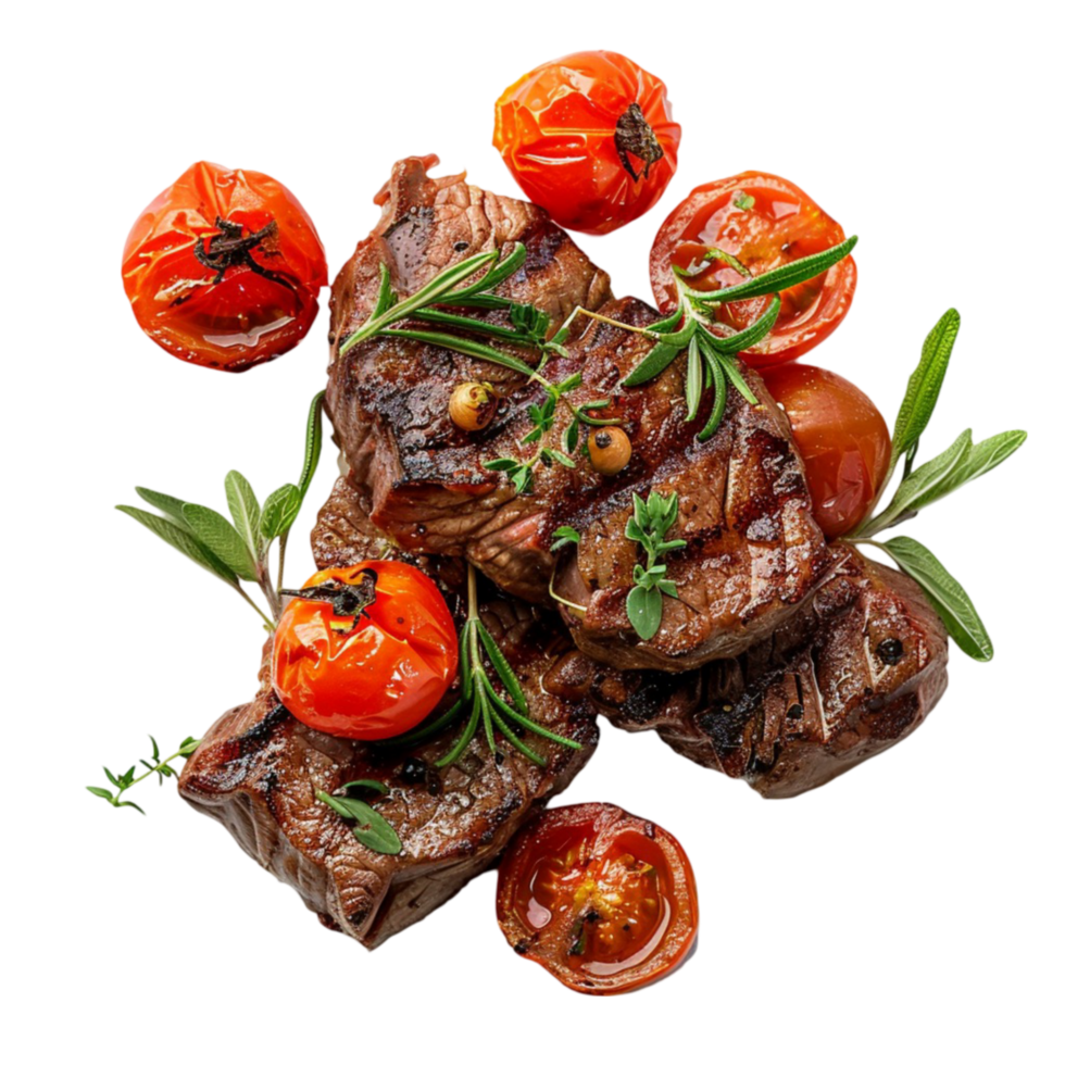 Grilled beef steak with tomatoes and herbs on a white background. png