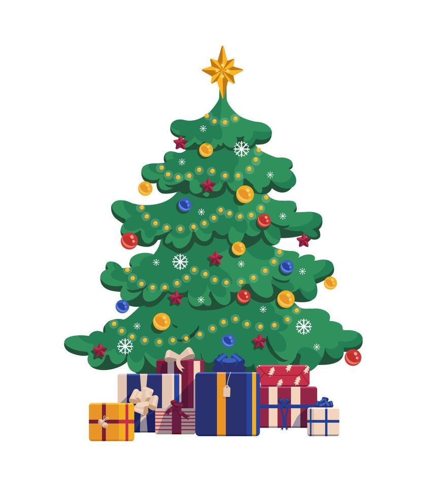 Cartoon christmas tree with gift boxes. Xmas illustration isolated on white background. vector