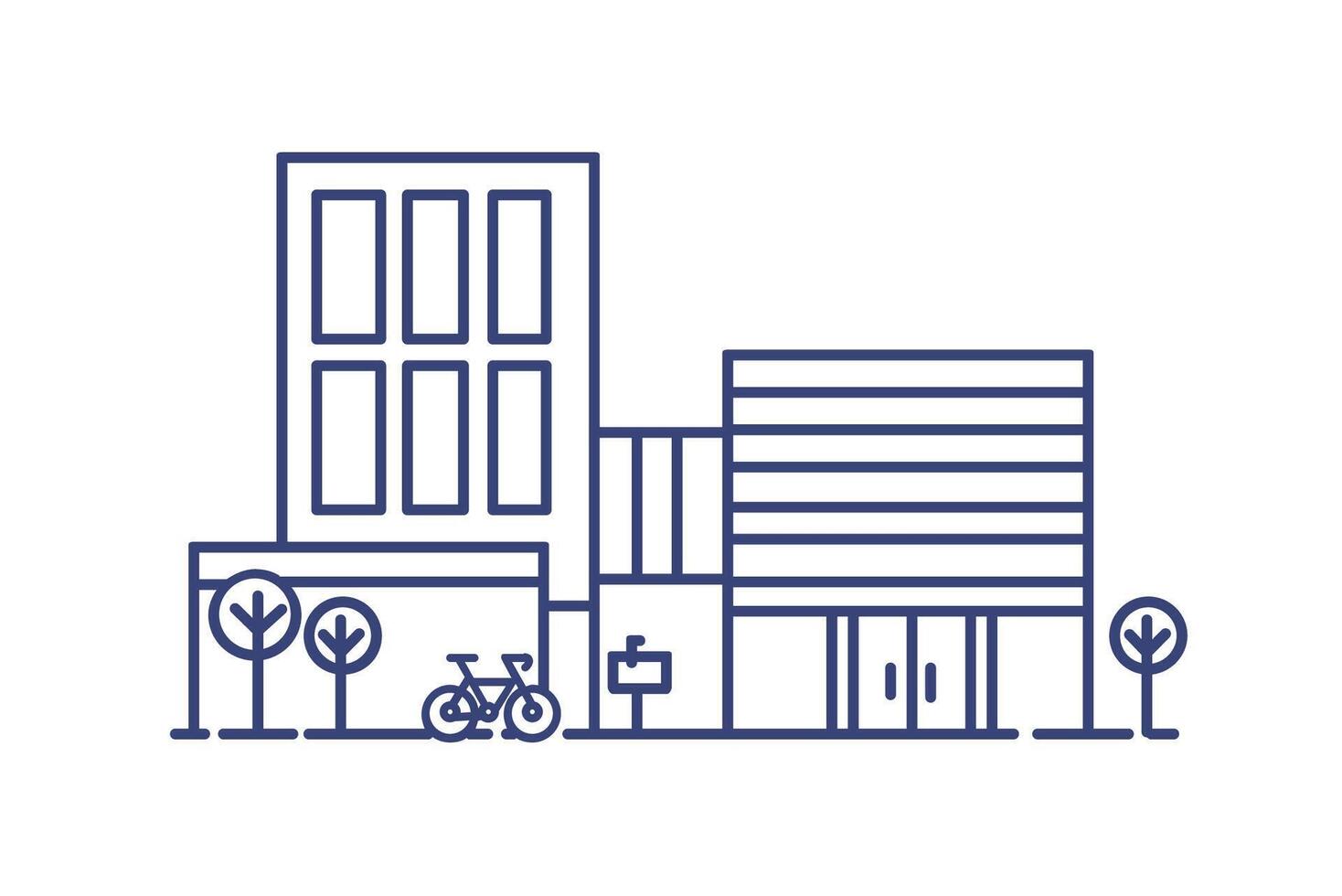 Living city building in contemporary architectural style surrounded by trees and bicycle parked beside it. Modern dwelling drawn with blue contour lines on white background. illustration. vector