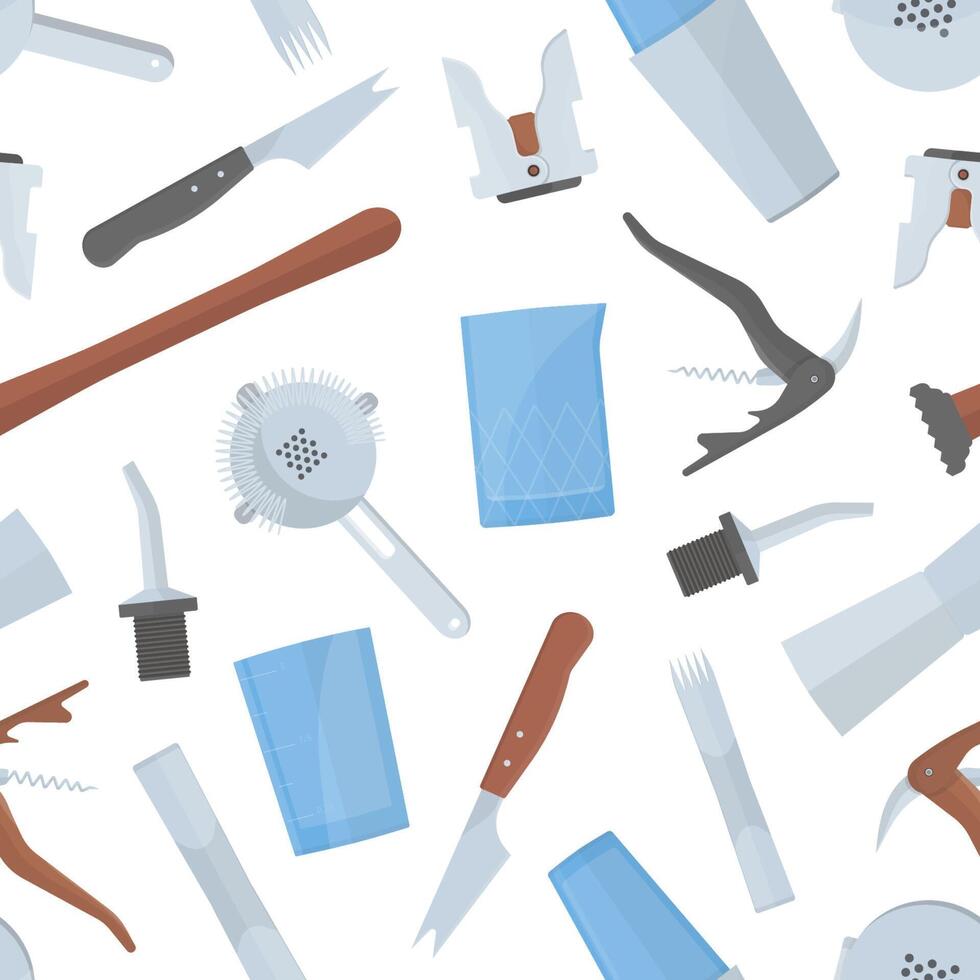 Seamless pattern with bartender's tools on white background. Backdrop with bar equipment for serving alcoholic or soft drink beverages, cocktails. illustration for wallpaper, textile print. vector