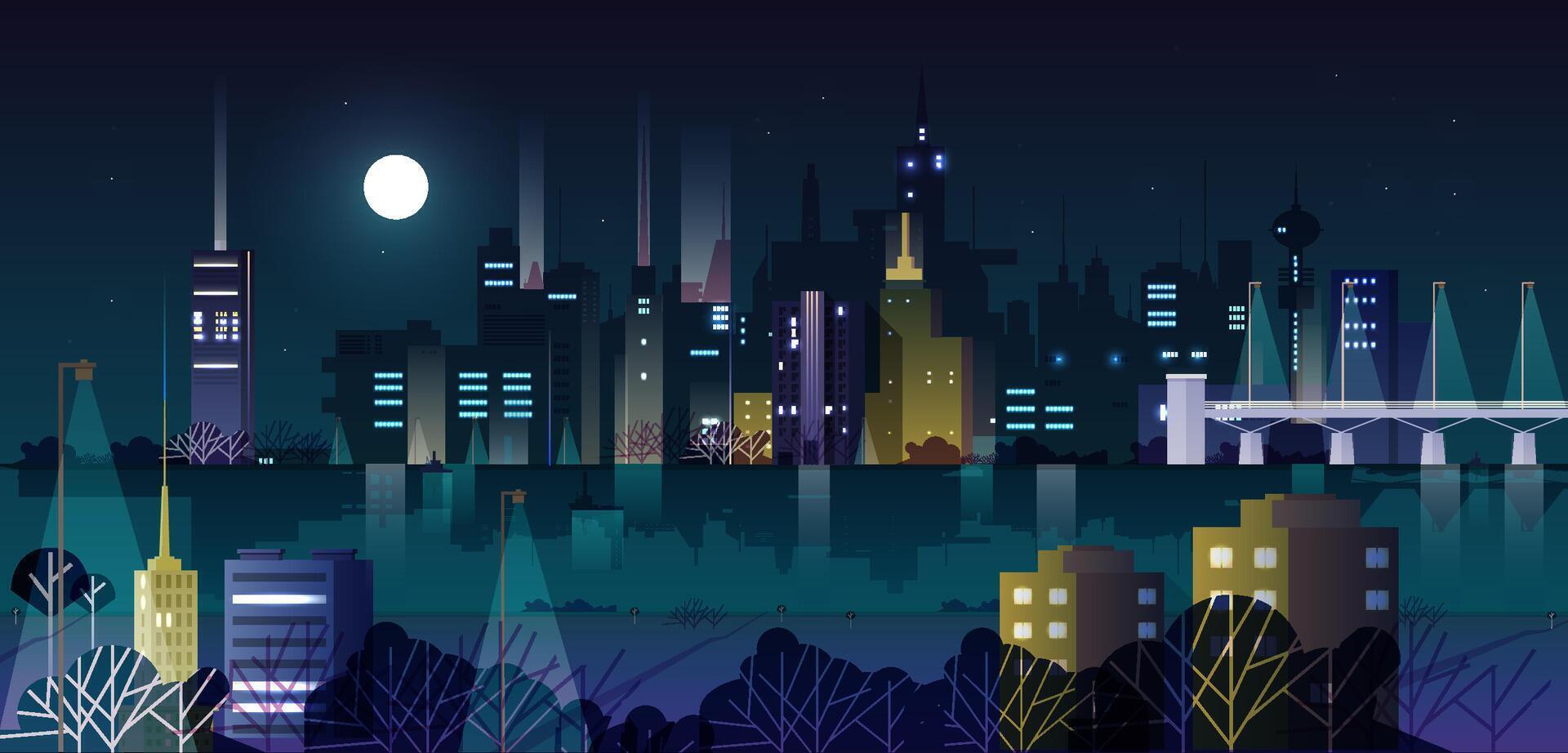 Urban landscape or cityscape with modern buildings and skyscrapers illuminated by street lights at night. City skyline against dark sky with Moon and stars on background. illustration. vector