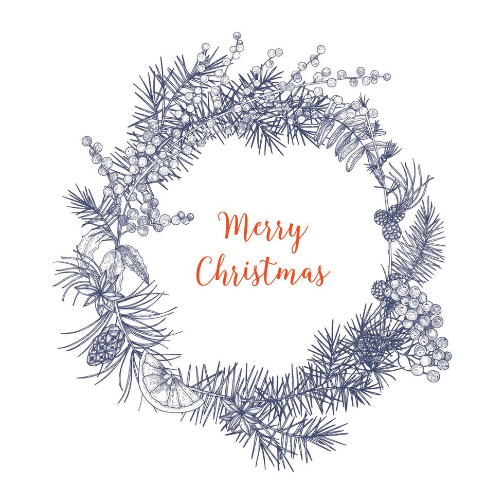Christmas wreath made of branches and cones of fir and spruce trees, rowan berries, orange slices, holly leaves, star anise hand drawn in monochrome colors with contour lines. illustration vector