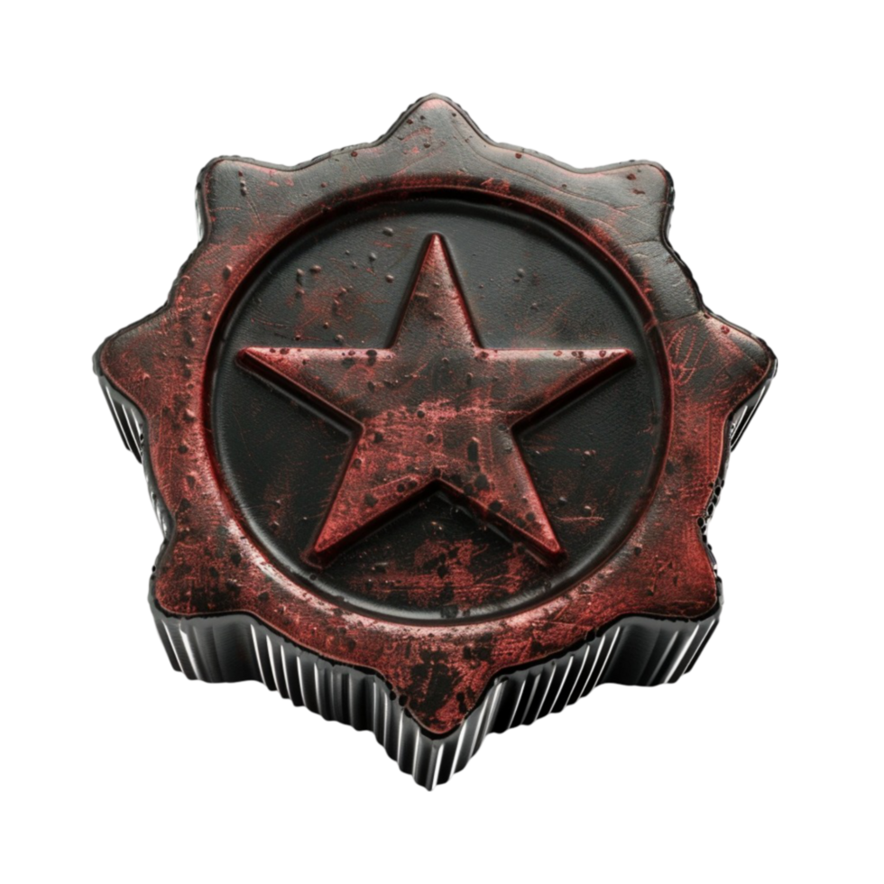 A red star on a black and red badge on transparent background. png