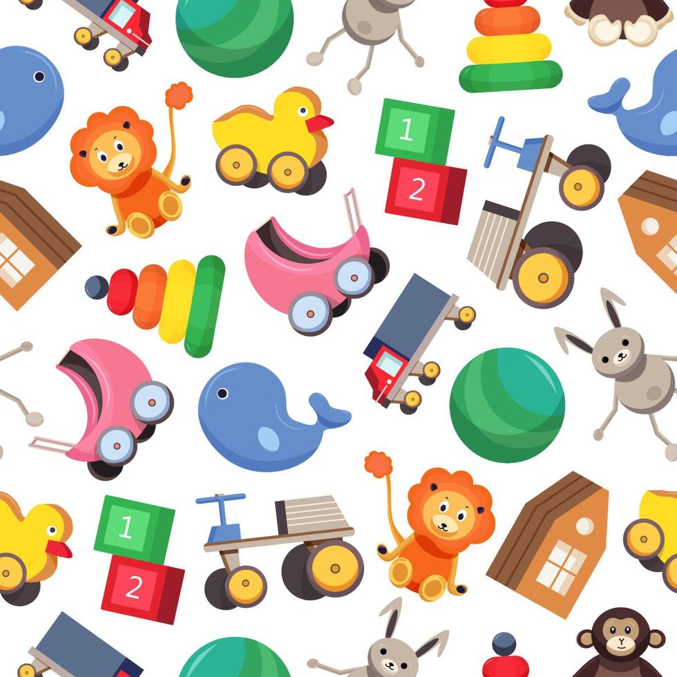 Seamless pattern with colorful children's toys - stroller, ball, truck, building cubes, stuffed animals on white background. Childish illustration for wallpaper, textile print, backdrop. vector