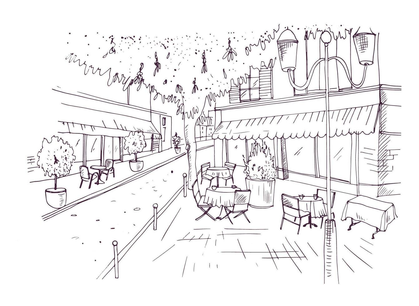 Freehand sketch of European outdoor cafe or coffeehouse with tables covered by tablecloths and chairs standing on city street hand drawn with contour lines on white background. illustration. vector