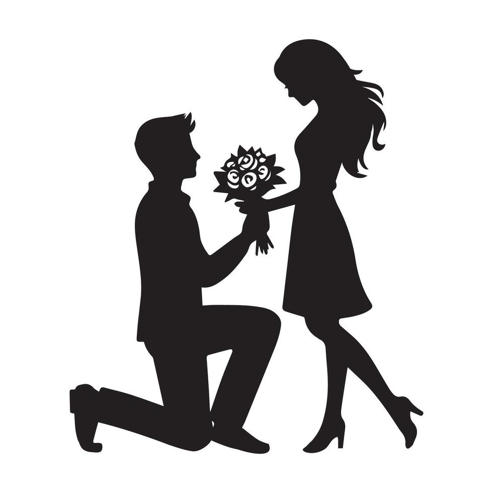 Couple Silhouette - a marriage proposal with flowers illustration vector