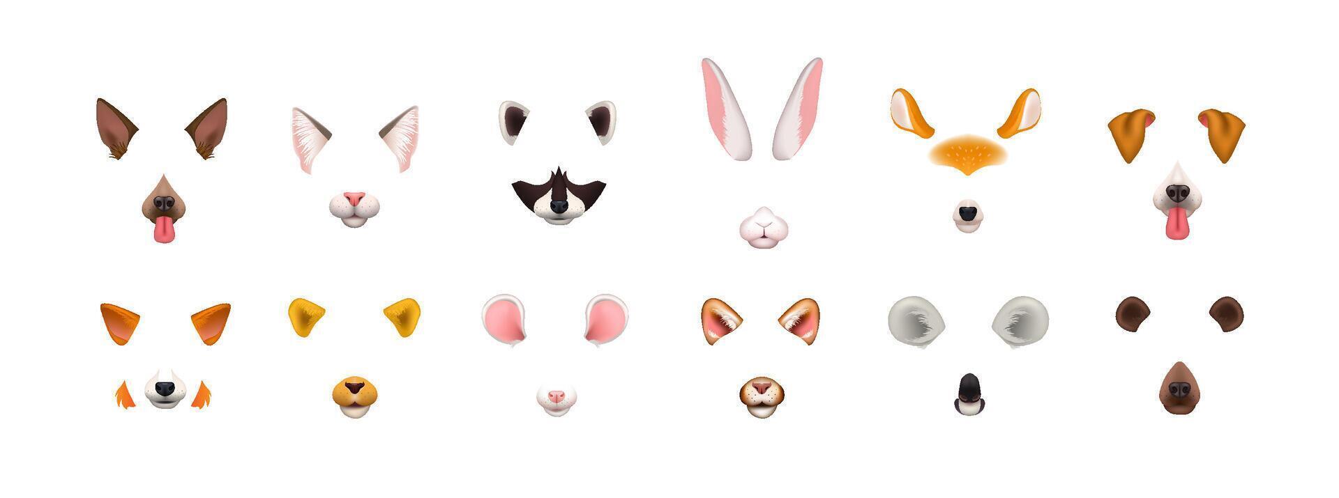 Collection of chat application effects. Bundle of cute and funny faces or masks of various animals - dog, cat, fox, raccoon, rabbit, koala, bear, mouse, deer. Colorful illustration. vector