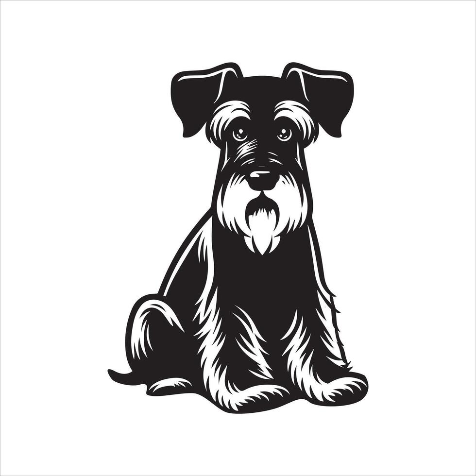 Giant Schnauzer with big eyes sitting illustration in black and white vector