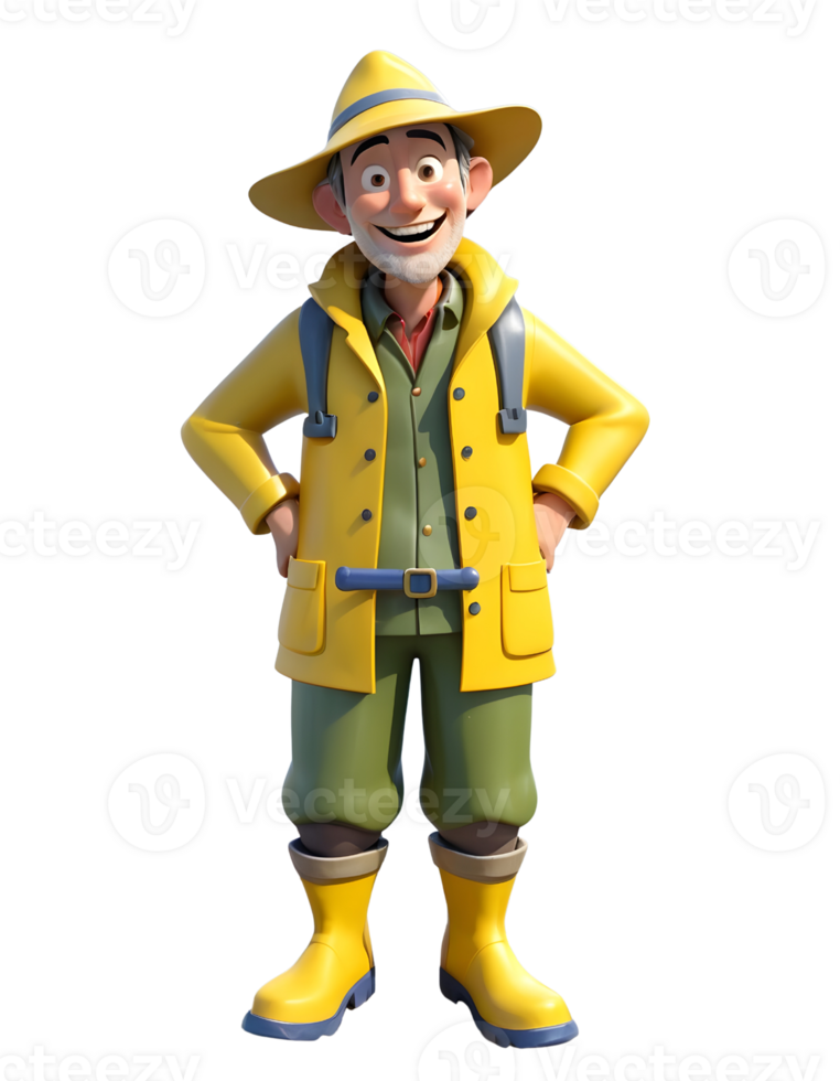 a smiling fisherman standing on the edge of the lake wearing a hat and jacket 3d character cartoon png