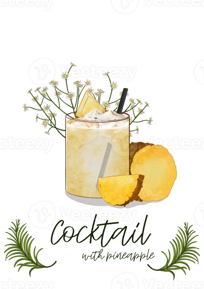 Watercolour illustration cocktail with pineapple png