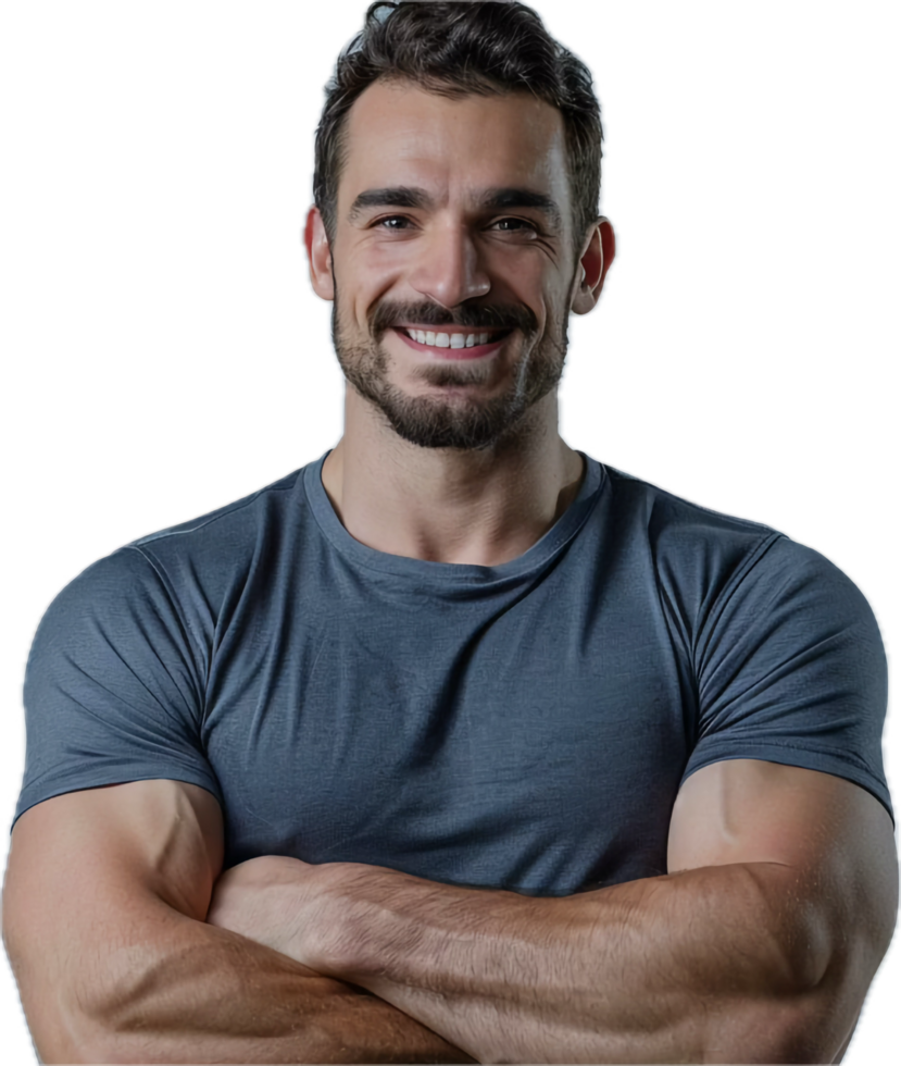Smiling muscular man with crossed arms. png