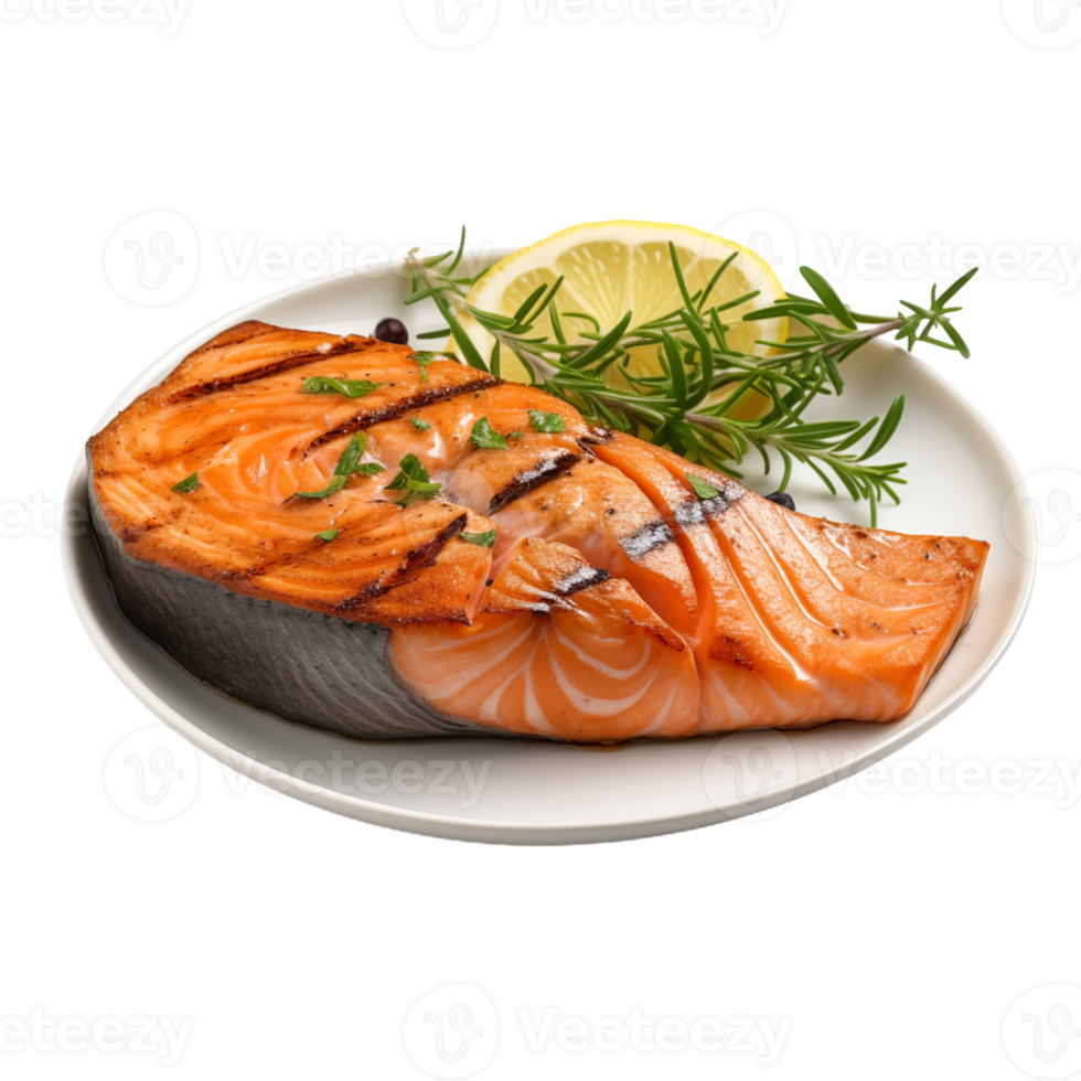 A Perfectly Grilled Salmon Fillet Garnished with Lemon, Rosemary, and Herbs png
