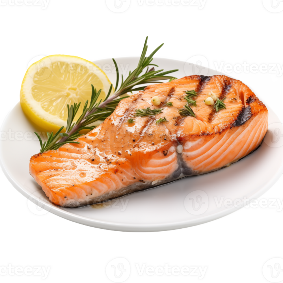 A well-presented plate of grilled salmon garnished with rosemary and a lemon slice png