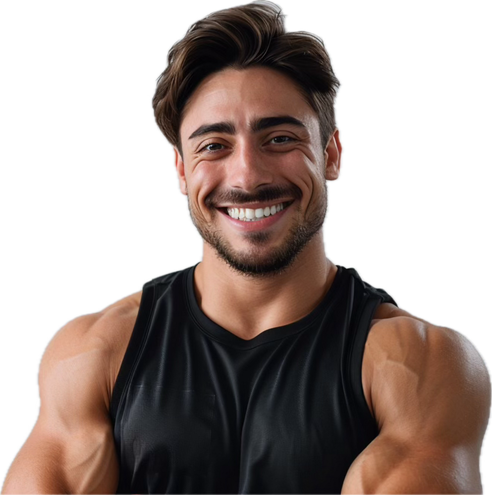 Smiling muscular man with crossed arms. png