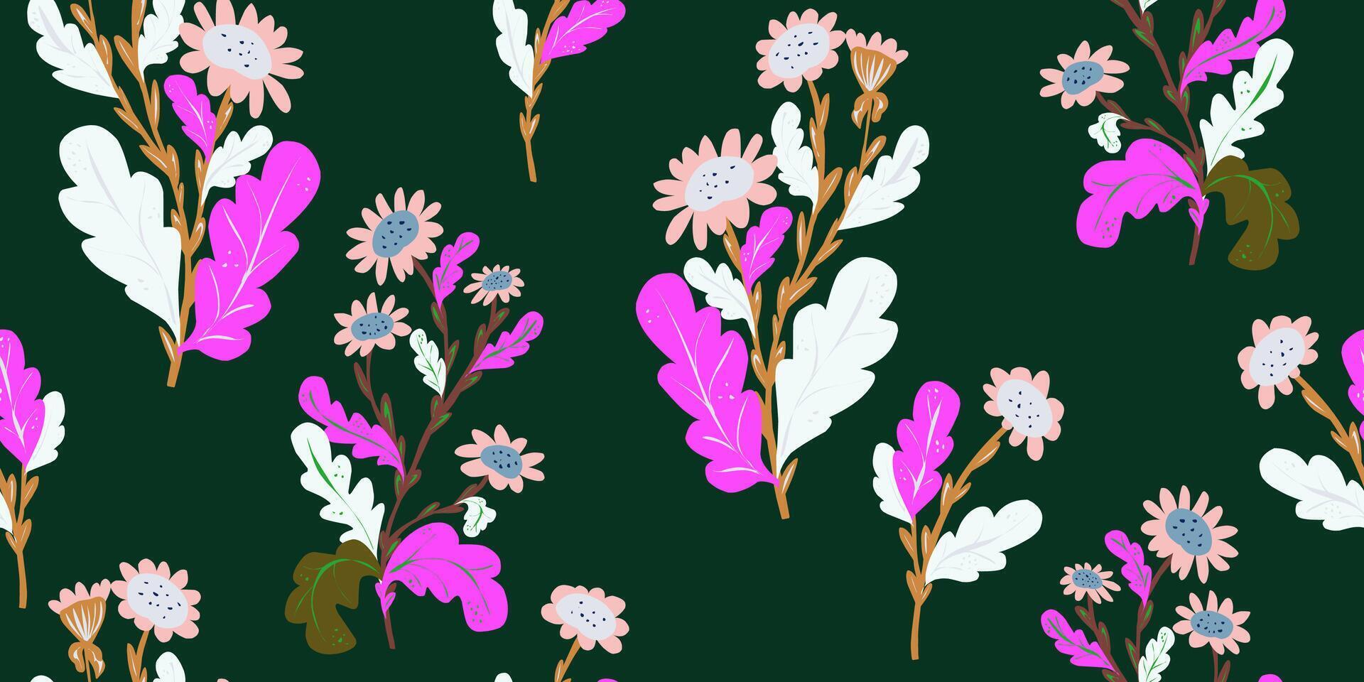 a pattern with pink and green flowers on a dark background vector