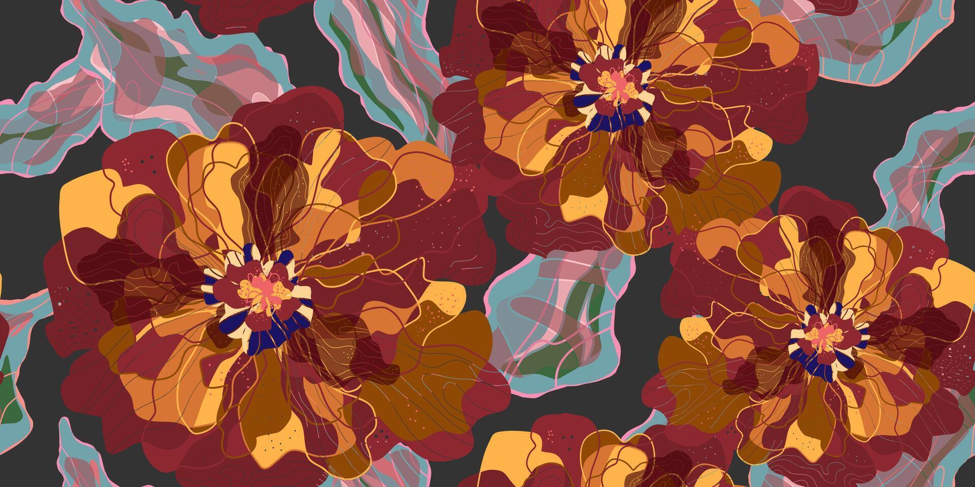 a pattern with flowers on a dark background vector