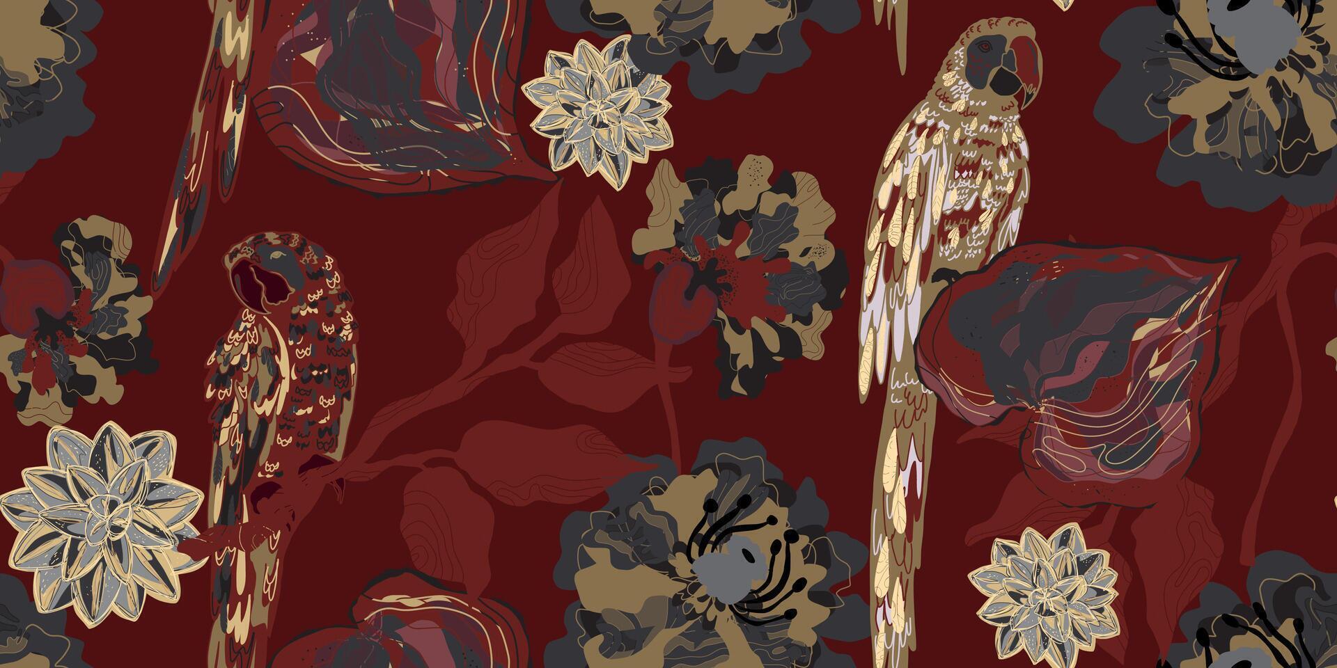 a pattern with birds and flowers on a red background vector