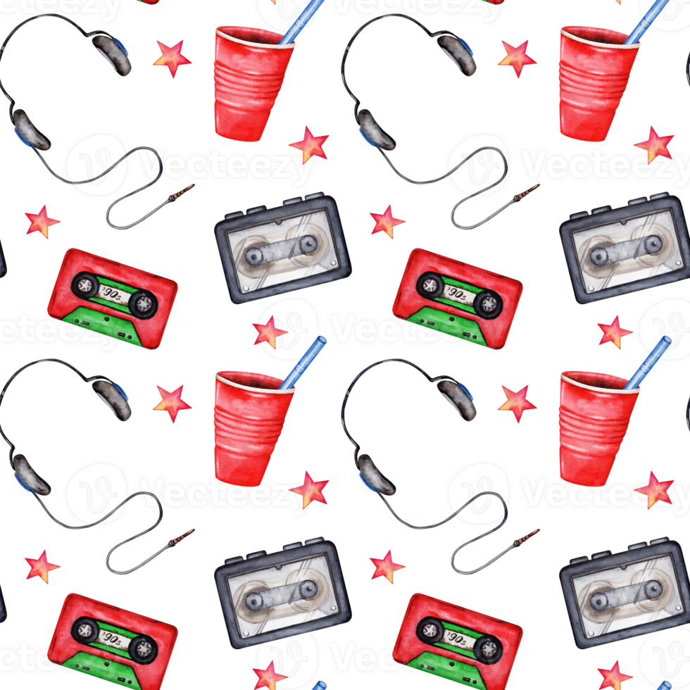 Headset, red cup, star, walkman and tape seamless pattern. Hand drawn watercolor illustration isolated on transparent background. 80s 90s themed design for textile fabrics, book covers and wallpapers png