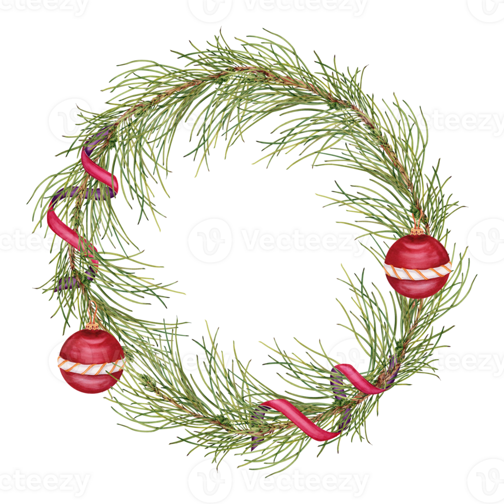 Christmas wreath with hand drawn pine tree branches, ribbon decorations and ball ornaments. Watercolor illustration isolated on transparent background. Copy space 2025 winter seasonal geetings design png