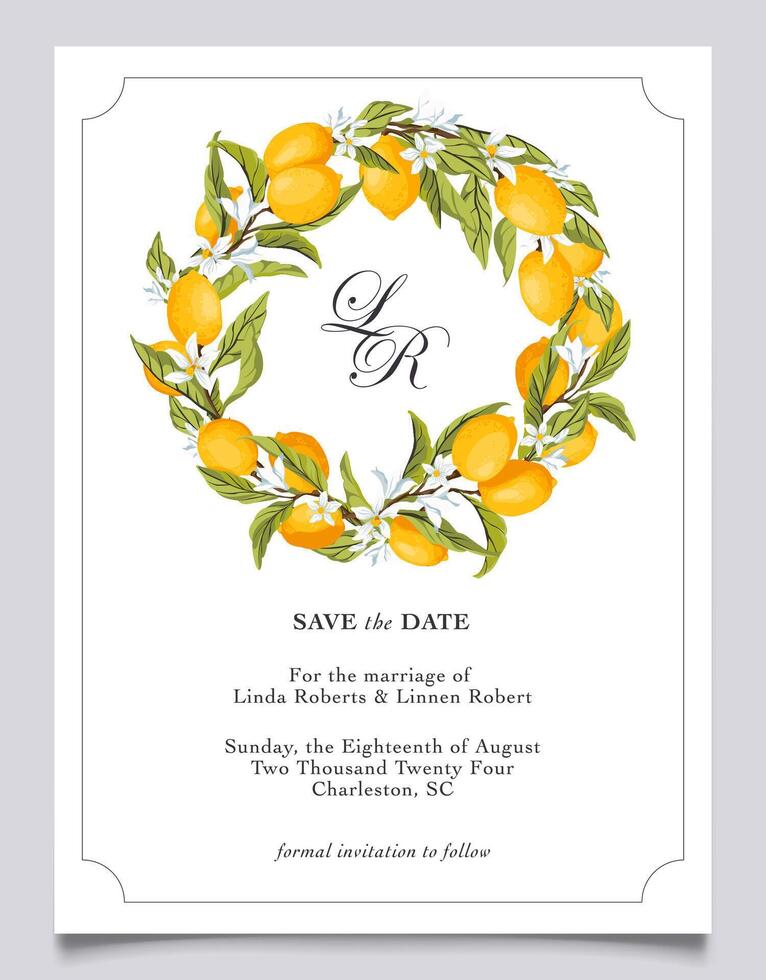 Save the date Citrus lemon Invitation template. vector