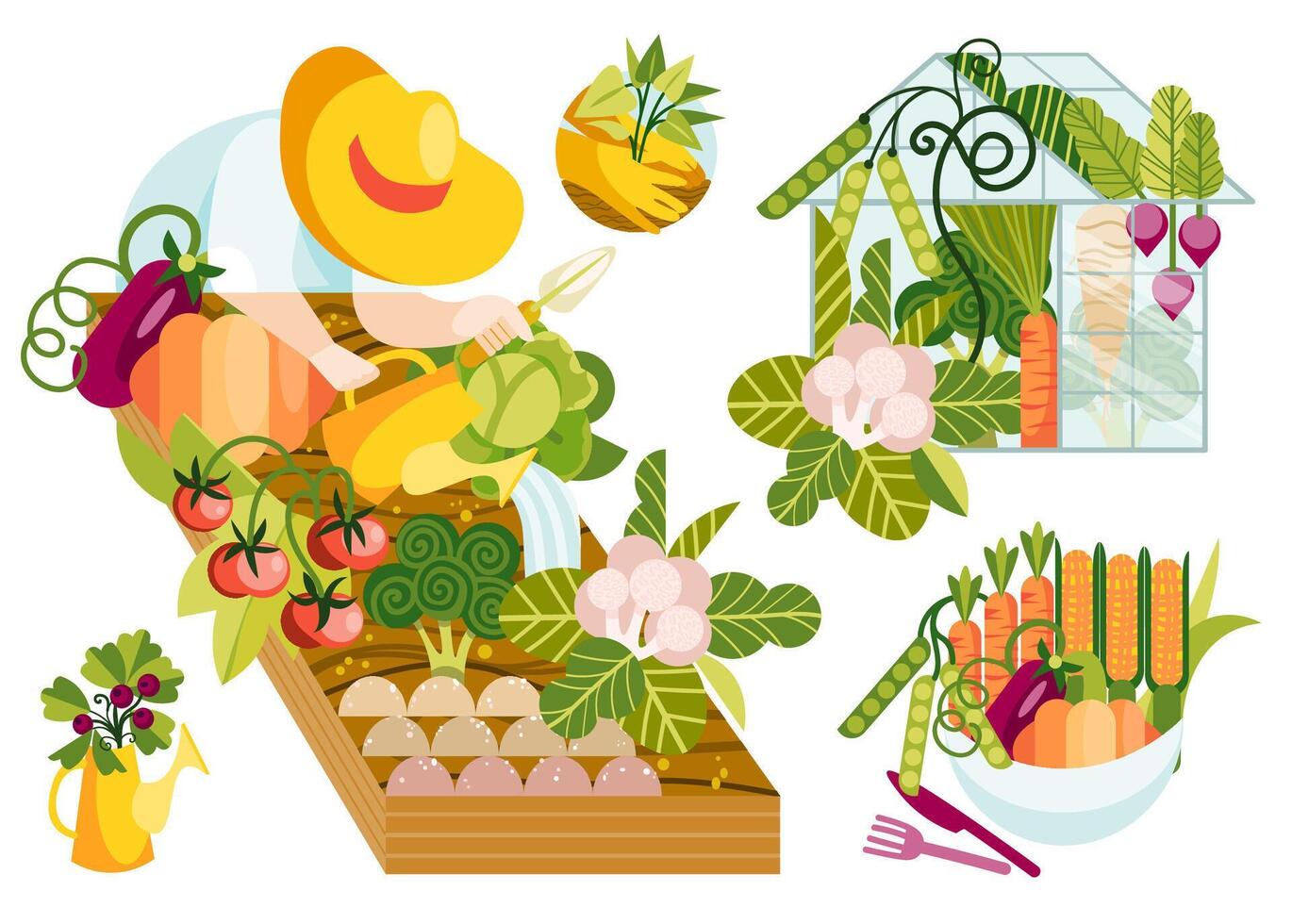 Person seedling, cultivating and planting veggies. vector