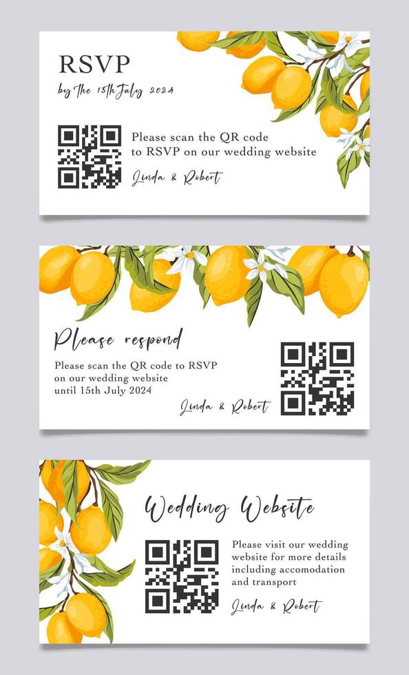 Lemon Wedding RSVP template citrus Invitation. Yellow lemon Wedding Invite. Please respond by date message. Stationery wedding design. illustration vector