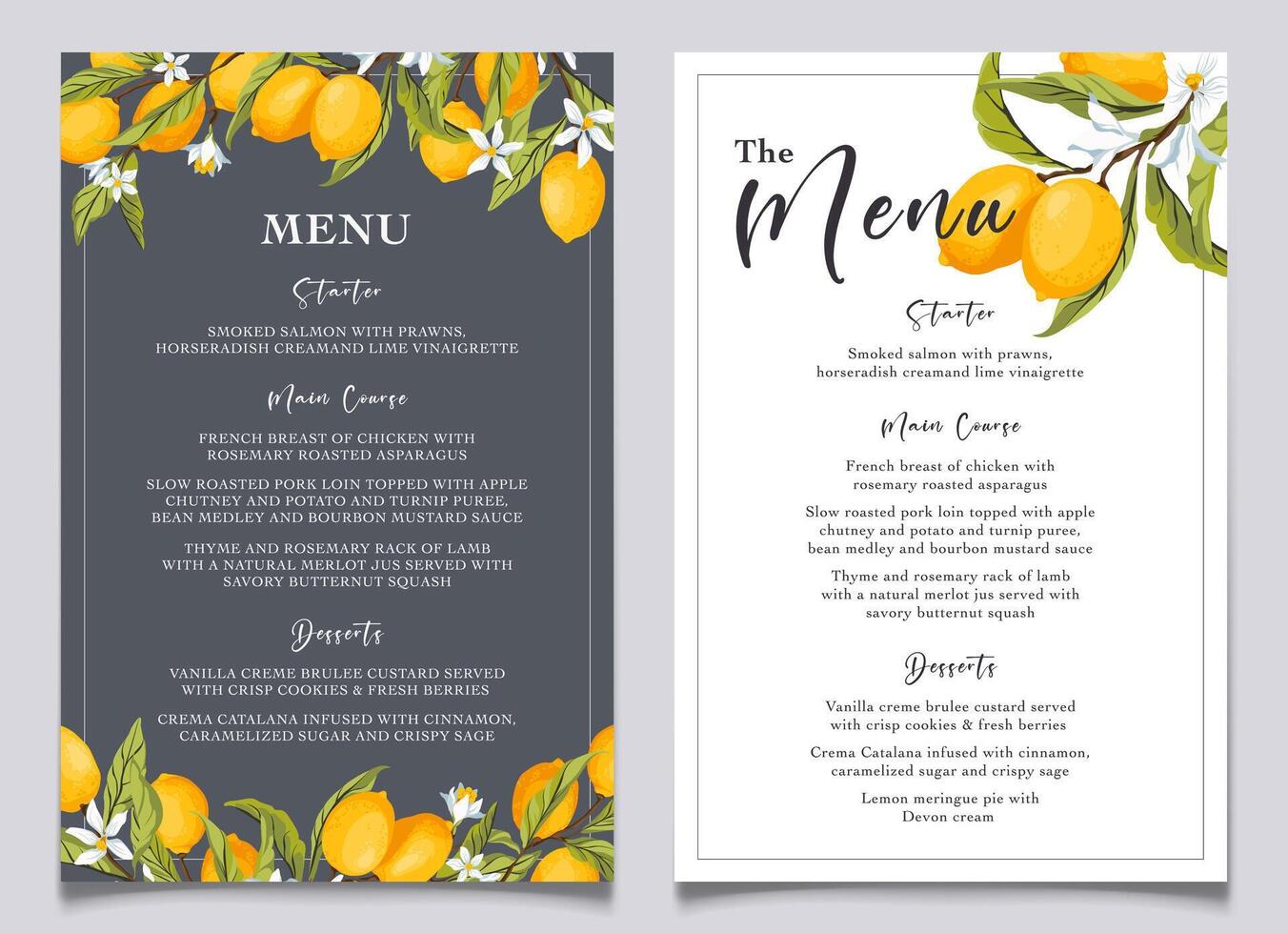 Lemon citrus menu card template. Summer wedding food selection card. Italian wedding menu. Summer dinner, citrus bridal shower menu. Capri bridal menu. Illustration. vector