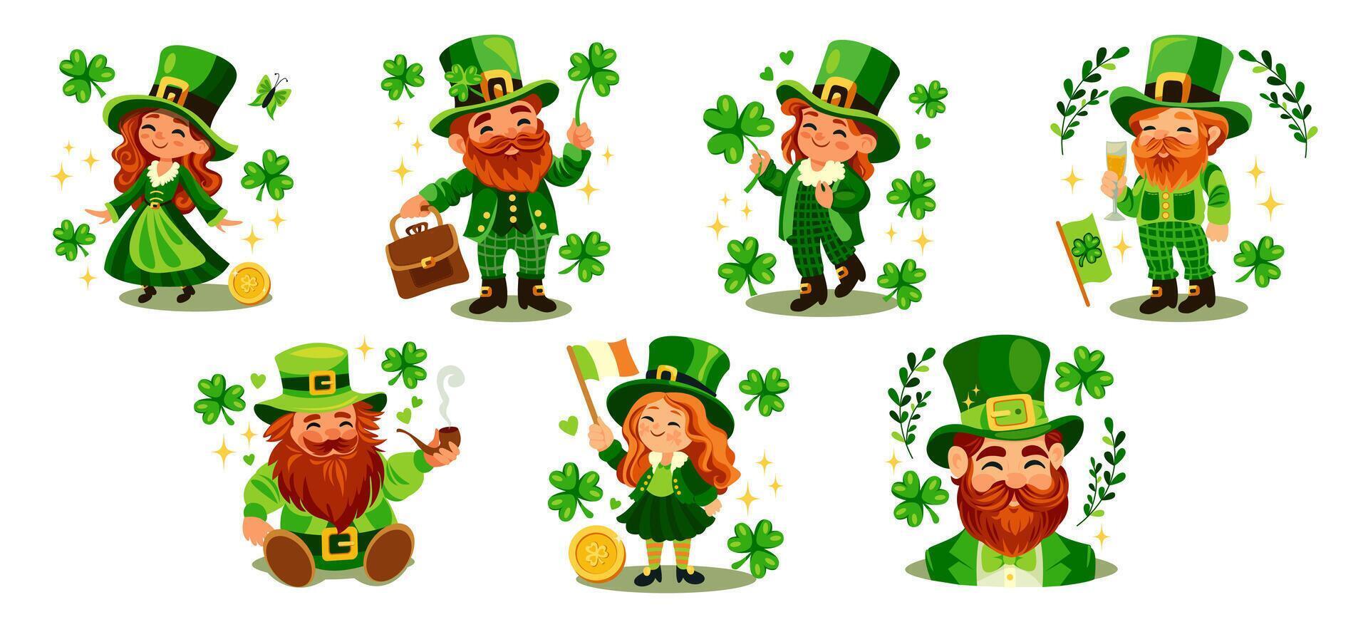 Set of St Patricks day leprechauns characters. vector