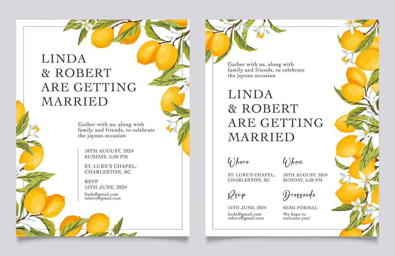 Lemon wedding invitation, Italian summer wedding. vector