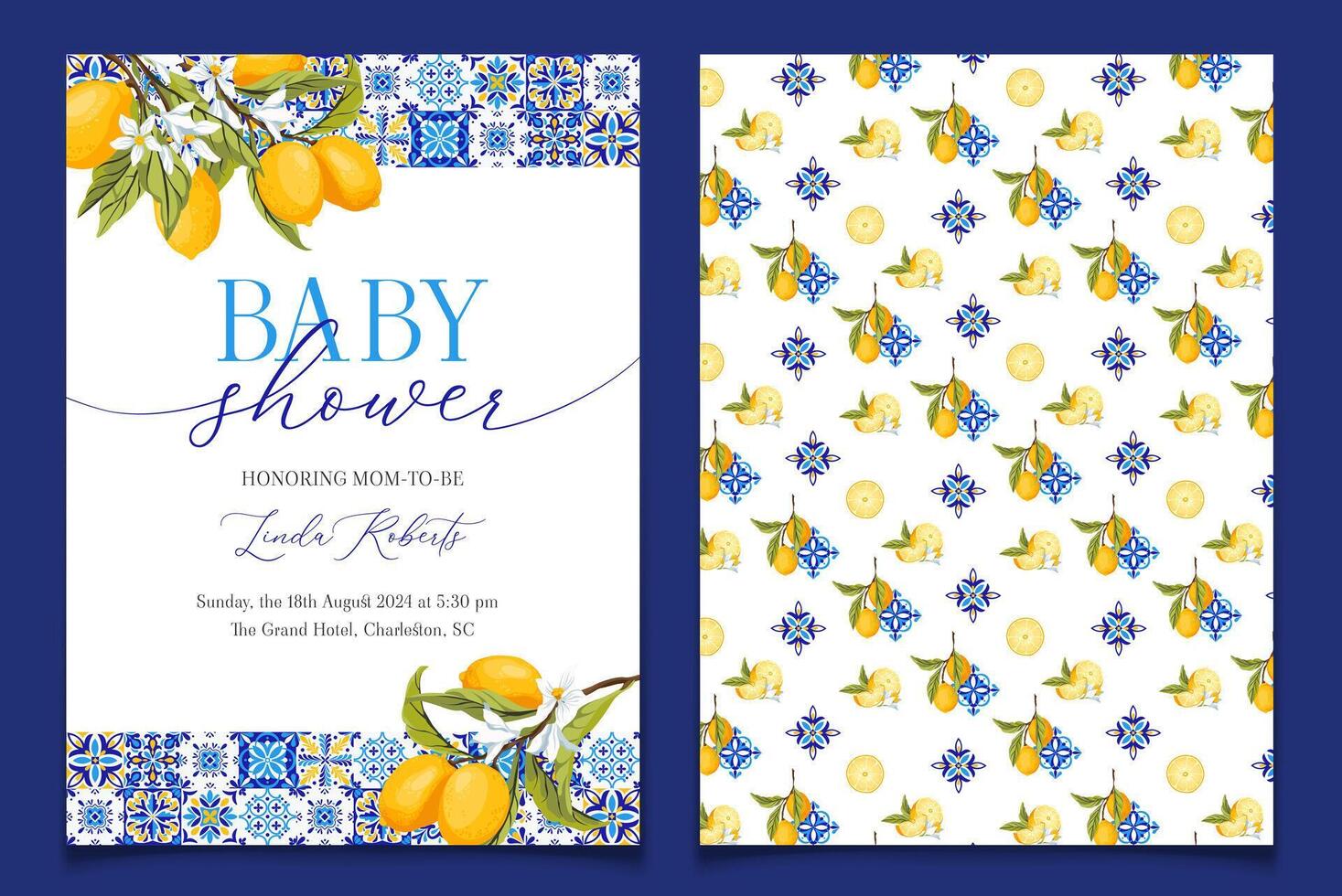 Lemon Blue Tile Baby Shower Invitation Template, Mediterranean Amalfi Coast Baby Shower Invitation. Italian theme tuscan beach party, Coastal Baby. illustration. vector