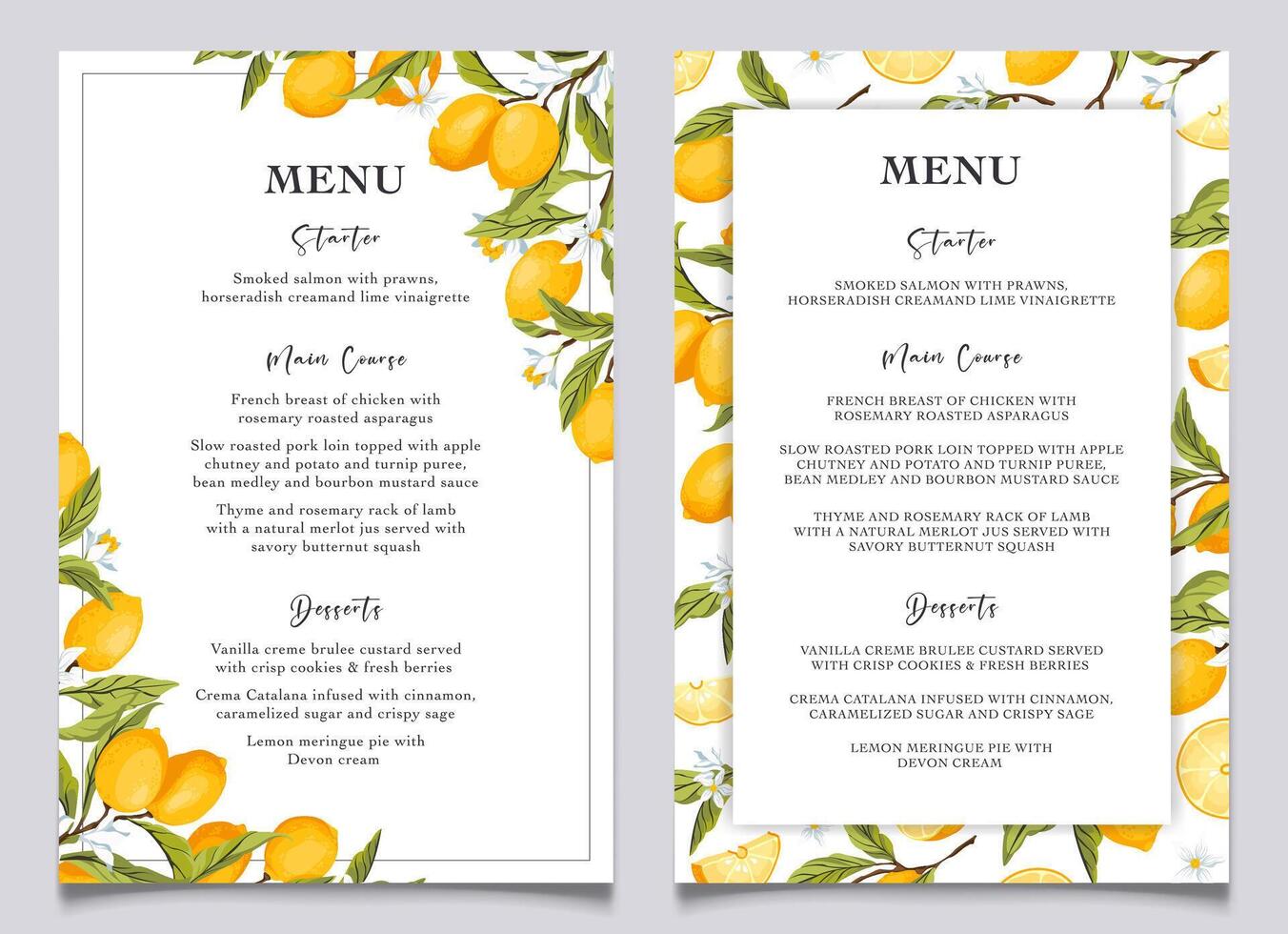 Lemon citrus menu card template. Summer wedding food selection card. Italian wedding menu. Summer dinner, citrus bridal shower menu. Capri bridal menu. Illustration. vector