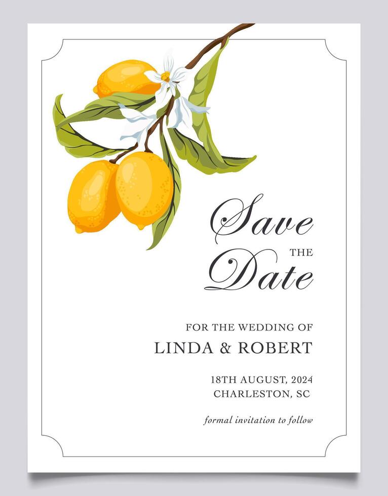 Save the date Citrus lemon Invitation template. vector