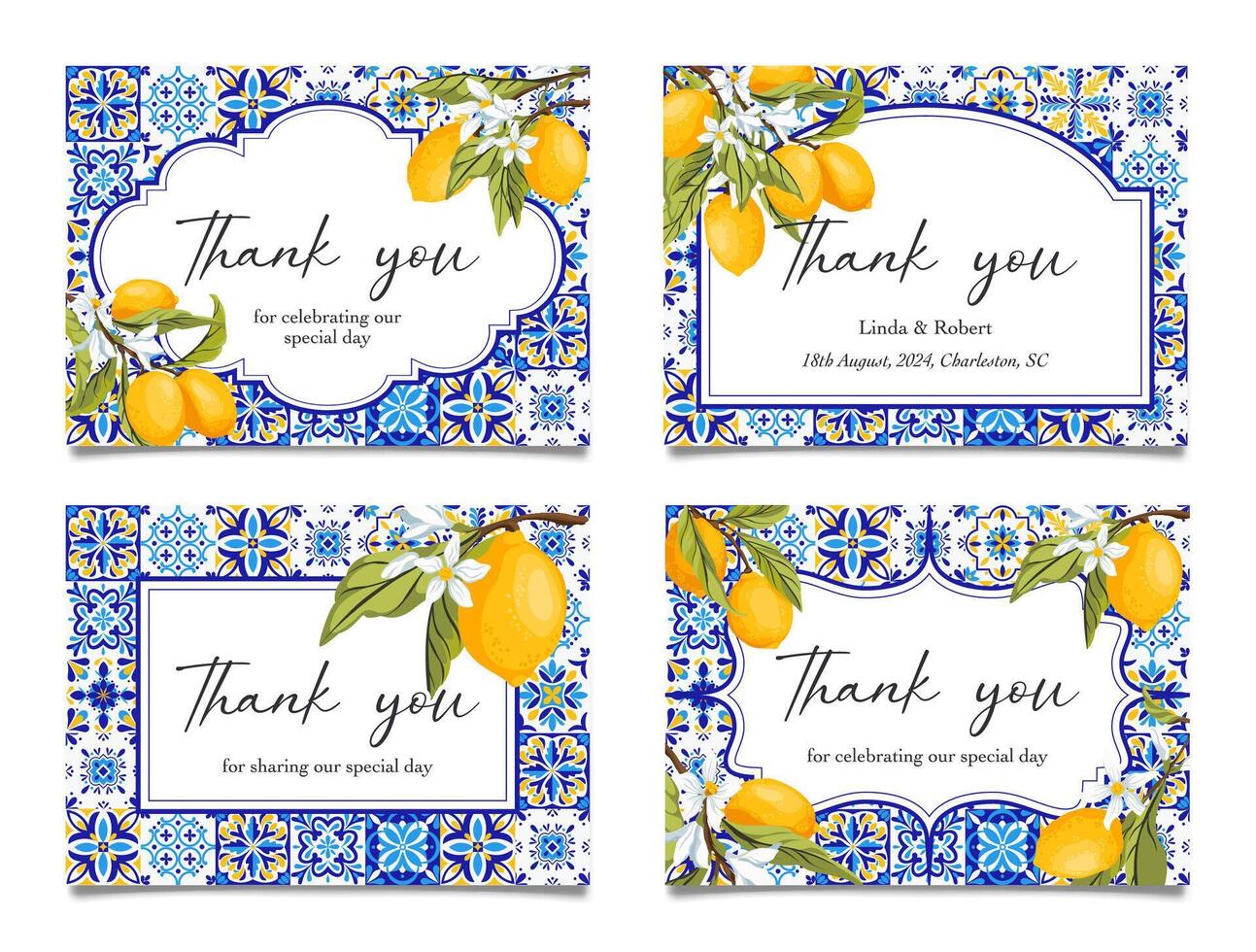 Amalfi Coast Thank You Card Printable Template, Lemon Citrus Mediterranean decor with blue tiles, lemons and green leaves. Coastal Italian theme tuscan beach party. Set of cards. illustration vector