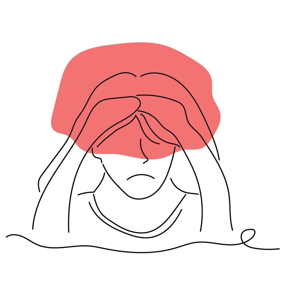 Sketch problem concept minimal woman emotion stress headache drawing line art. Female unhappy depress hand drawn continuous line concept with white ioslated background. Abstract,illustration. vector