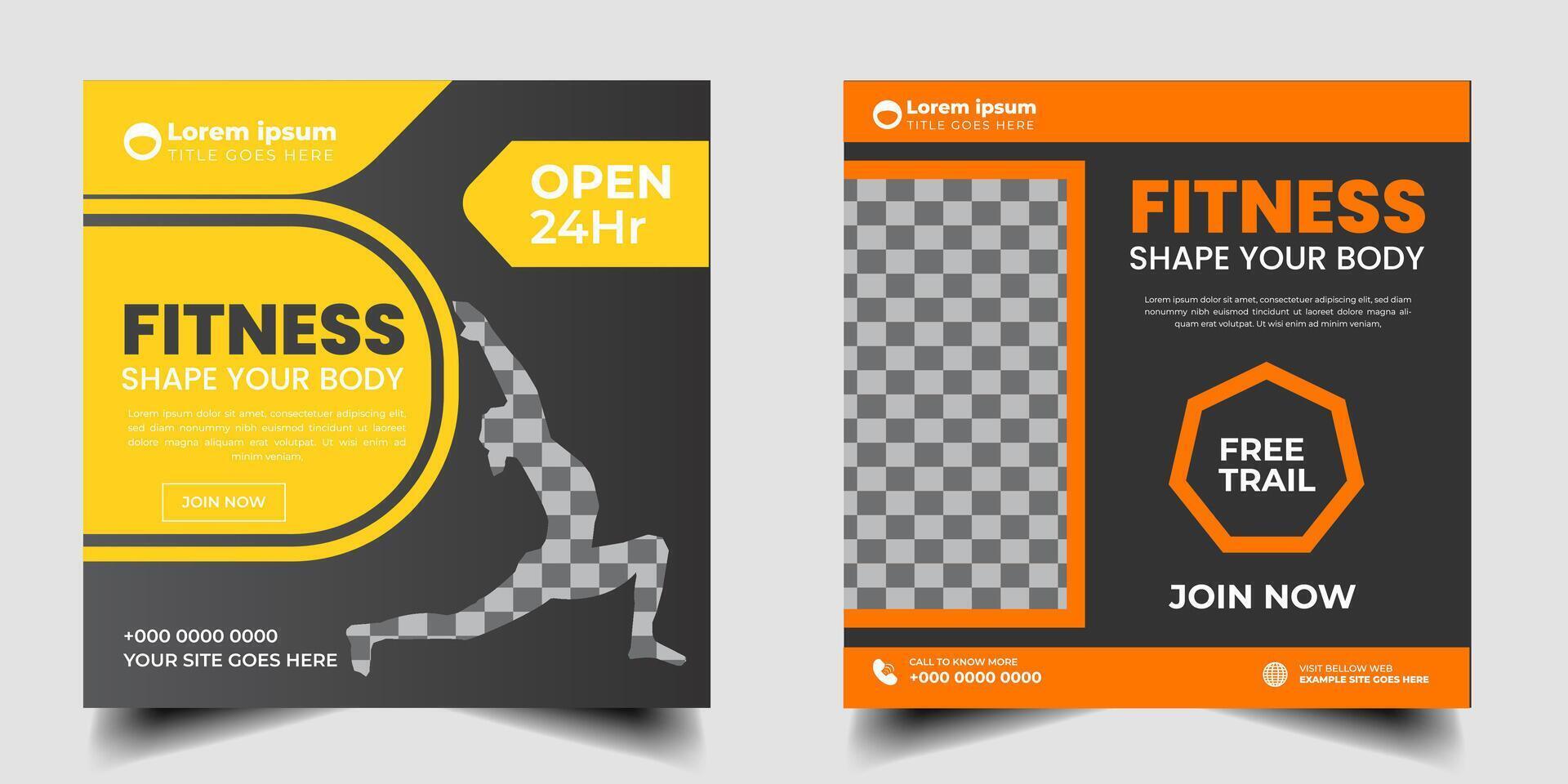 Fitness gym Social Media poster Web banner Template with yellow and orange . Sport banner design for Health club vector