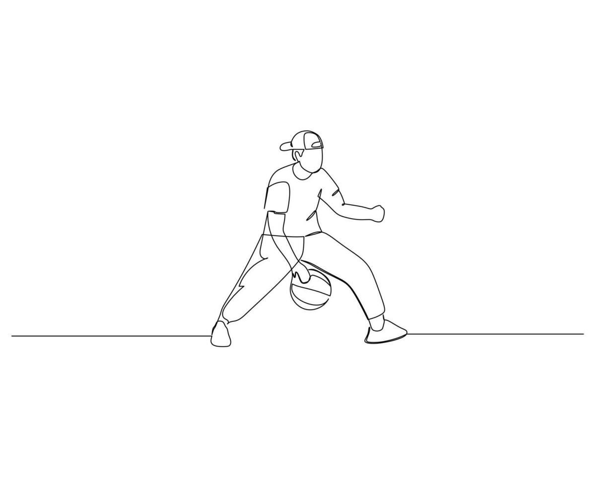 Continuous single line drawing of street basketball player is dribbling the ball. basketball tournament event . Design illustration vector