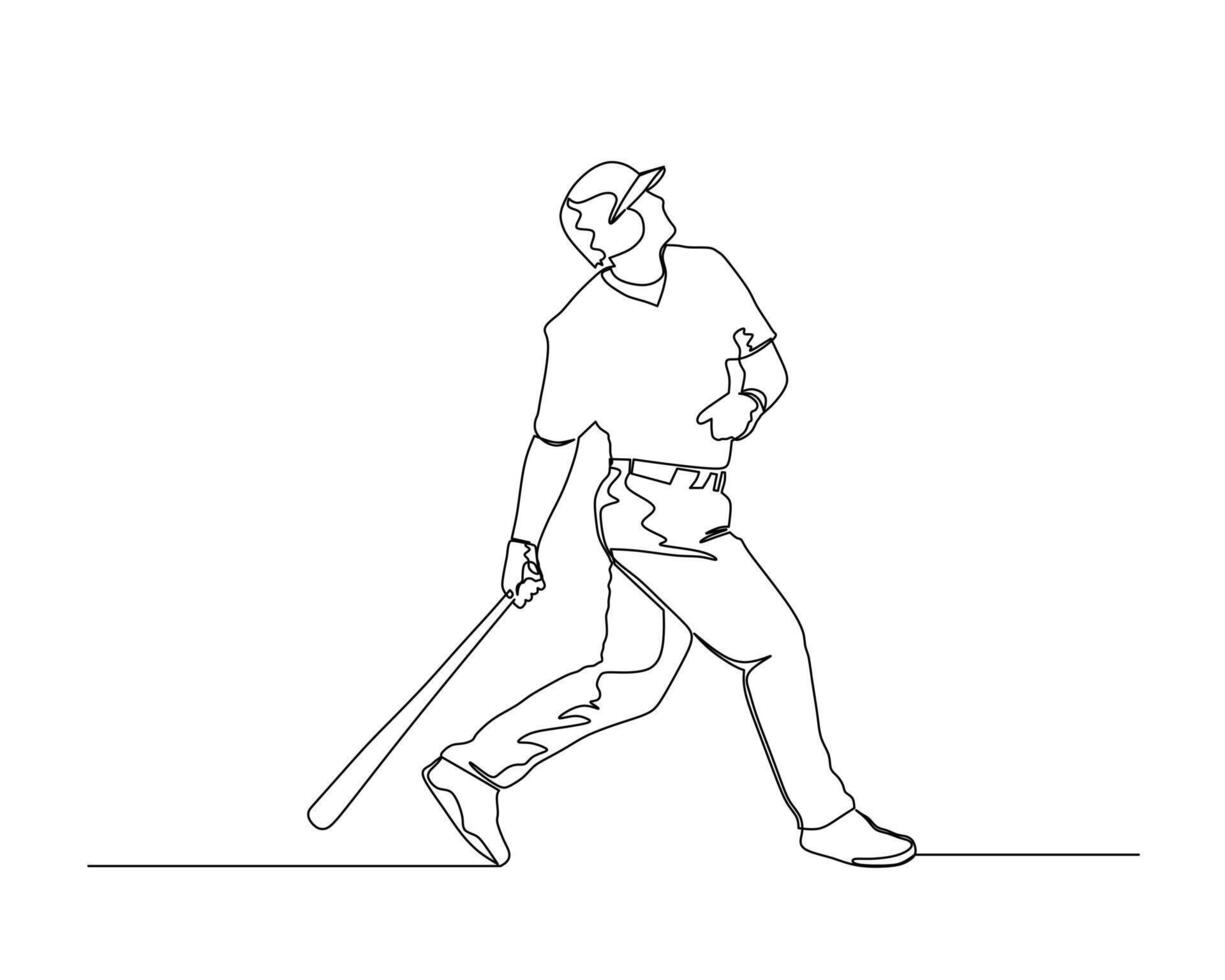 Continuous single line drawing of The batter looks up and sees the ball he hit flying. baseball tournament event . Design illustration vector