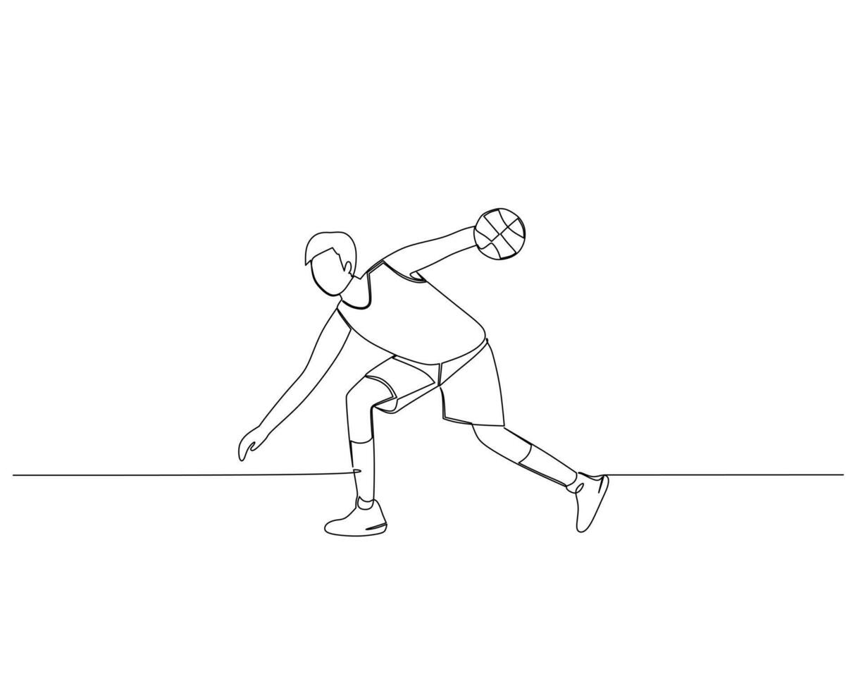 Continuous single line drawing of male basketball player dribbling the ball half-squatting. basketball tournament event . Design illustration vector