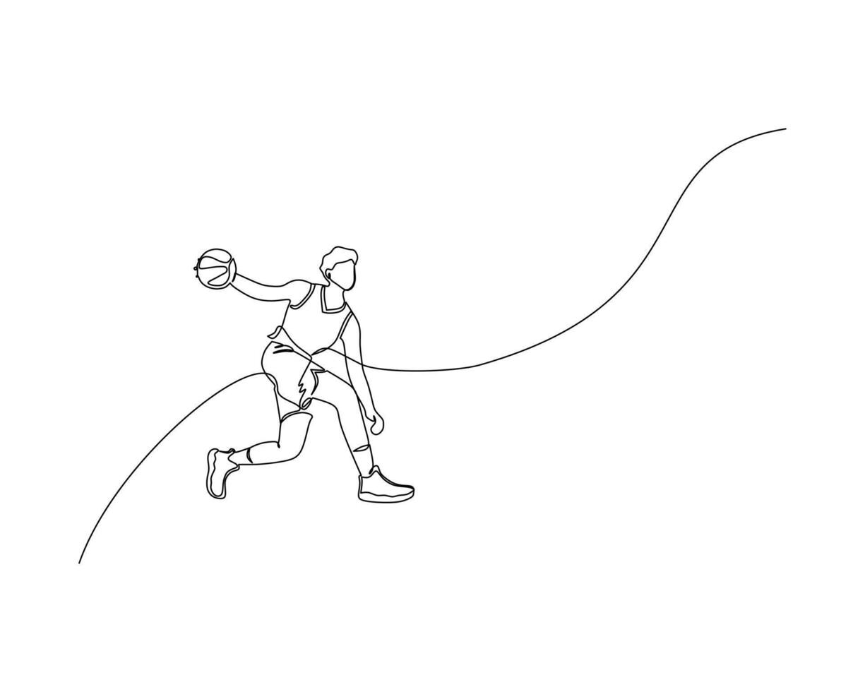 Continuous single line drawing of male basketball player dribbling the ball while half-squatting. basketball tournament event design illustration vector